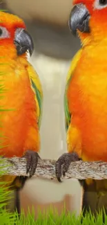 Vibrant orange and green parrots perched on a branch, surrounded by lush greenery.