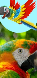 A vibrant parrot with colorful feathers in a lively natural setting.