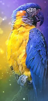 Vibrant blue and yellow parrot on colorful background wallpaper.