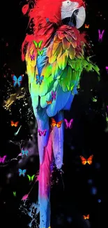 Colorful parrot with butterflies on black background wallpaper.