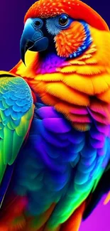 A vibrant parrot with colorful feathers on a mobile wallpaper.