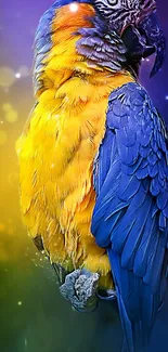 Vibrant blue and gold macaw parrot on a colorful background.