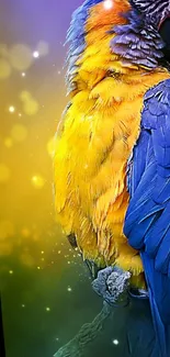 Vibrant parrot with yellow and blue feathers in stunning detail.