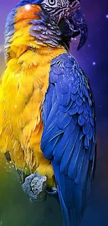 Vibrant parrot with blue and yellow feathers on a mystical background.