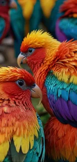 Vibrant exotic parrots with colorful feathers