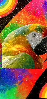 Colorful wallpaper with parrot and rainbows.