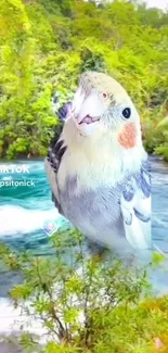 Vibrant cockatiel in lush green landscape wallpaper.