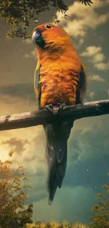 Vibrant parrot perched on a branch with an orange glow.