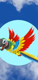 Colorful parrot flying in a blue sky.