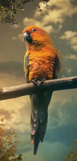 Vibrant orange parrot against a dreamy sky, perched on a branch.