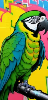 Vibrant graffiti parrot on colorful wall.