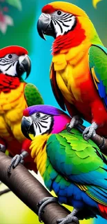 Three colorful parrots perched on a tree branch with a vibrant background.