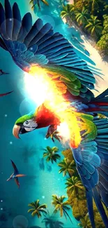 Vibrant parrot flying over a tropical island with turquoise waters.