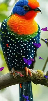 Colorful parrot perched on branch with butterflies