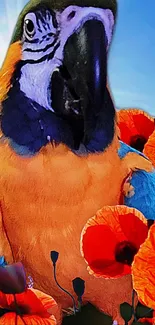 Vibrant parrot surrounded by red poppies in sunshine.