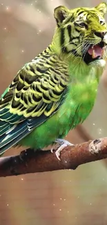 Hybrid bird with parakeet and tiger features on a branch.