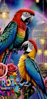 Vibrant artwork of parrots and roses on a fantasy background.