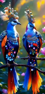 Two vibrant, colorful parrots perched among pink blossoms.