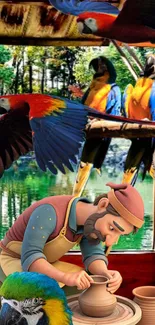 Colorful parrots and craftsman in serene setting.