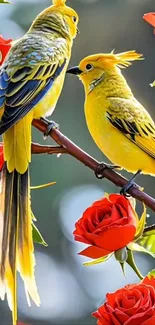 Two vibrant parrots with red roses in background.