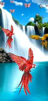 Vibrant parrots flying over a turquoise river with a waterfall in the background.