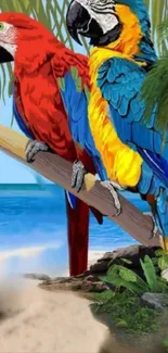 Two colorful parrots perched on a branch by the beach.