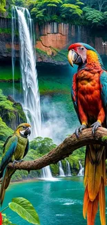 Two vibrant parrots perched before a majestic waterfall, perfect for a mobile wallpaper.