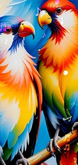 Colorful art of two vibrant parrots with vivid feathers on a branch.