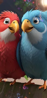 Illustration of red and blue parrots perched on a branch indoors.