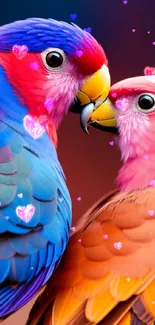 Two vibrant parrots with colorful feathers in a stunning mobile wallpaper.