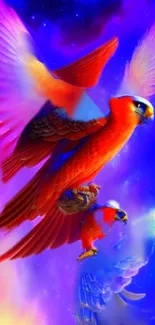 Colorful parrots soaring against a cosmic, starry night sky.