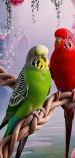 Two vibrant parrots perched among lush roses in an artistic setting.