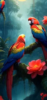 Colorful parrots perched in a lush jungle.