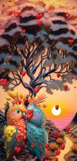 Colorful parrots under a tree with hearts at sunset.