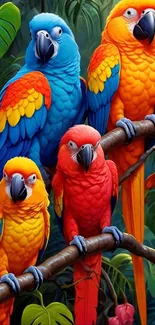 Colorful parrots perched in lush jungle greenery.
