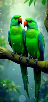 Vibrant green parrots perched on a tree branch in lush tropical forest.