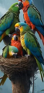 Colorful parrots in a nest on a rainy day.