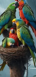 Five colorful parrots perched in a nest during rain.