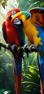 Two colorful parrots perched in a lush tropical jungle.