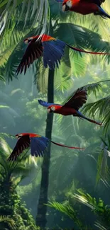 Parrots flying through a lush green jungle with vibrant foliage.