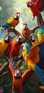 Vibrant parrots perched in a lush tropical setting.