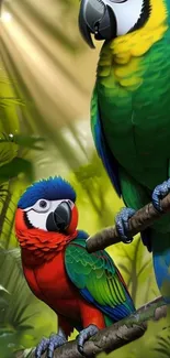 Vibrant parrots in a lush jungle setting.