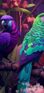 Colorful parrots in a vibrant jungle setting.