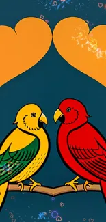 Colorful parrots with hearts wallpaper for mobile.