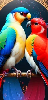 Vibrant mobile wallpaper of colorful parrots on a branch.