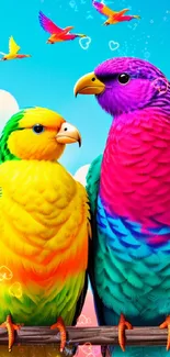 Bright and colorful parrot illustration on a vibrant sky background.