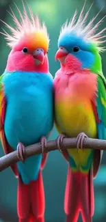 Vibrantly colored parrots perched on a branch.