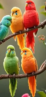 Colorful parrots perched on a branch, showcasing vibrant hues.