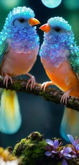 Two vibrant parrots perched on a branch.