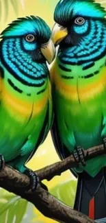 Two vibrant parrots perched on a branch with colorful feathers.